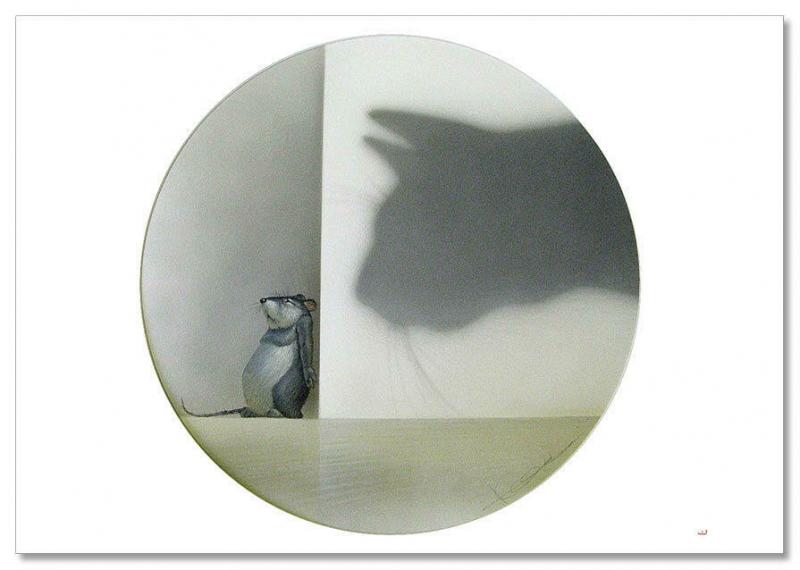 Scared Mouse and CAT shadow Funny Comic Russian Unposted Postcard