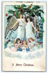 c1910's Christmas Angels Cherubs Floating Holly Embossed Antique Postcard