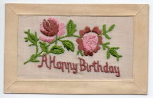 Birthday Greetings Flowers Silk Embroidered Vintage Postcard AA41406