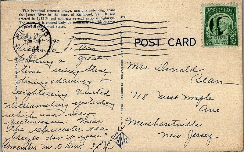 1940s ROBERT E. LEE BRIDGE, RICHMOND, VA LINEN POSTCARD 20-23