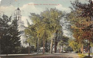 Woodstock Vermont~Elm STreet~Congregational? Church~Lady on Sidewalk~1910 PC