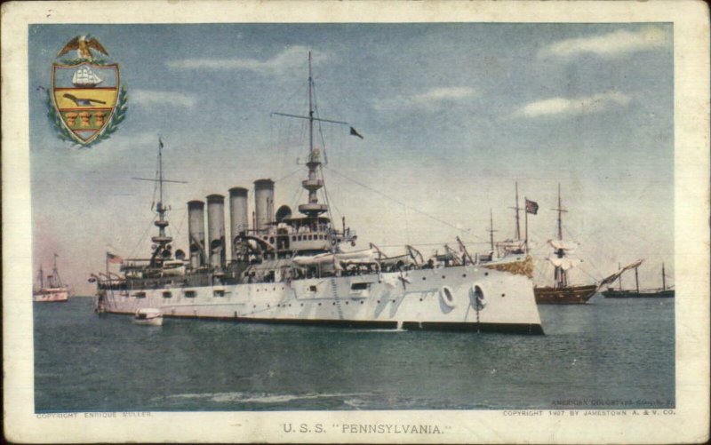 1907 Jamestown Expo Battleship USS Pennsylvania Ship Postcard