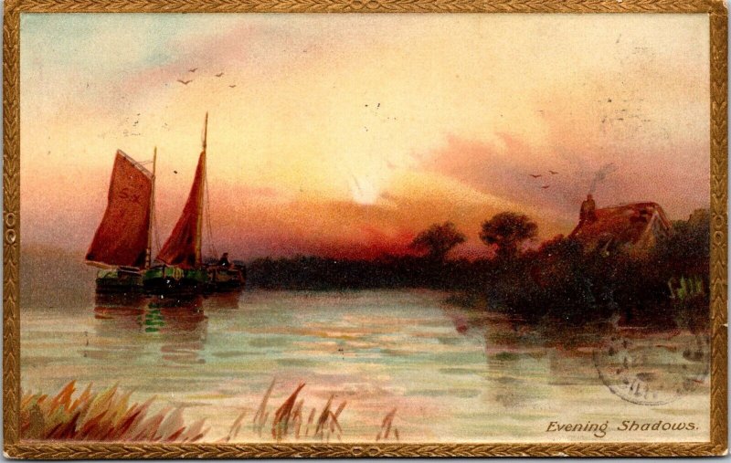 Vtg Evening Shadows Sunsets on the Coast Sailboats 1908 Raphael Tuck Postcard