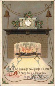 New Year Antique Clock on Fireplace Mantle Embossed c1910 Vintage Postcard