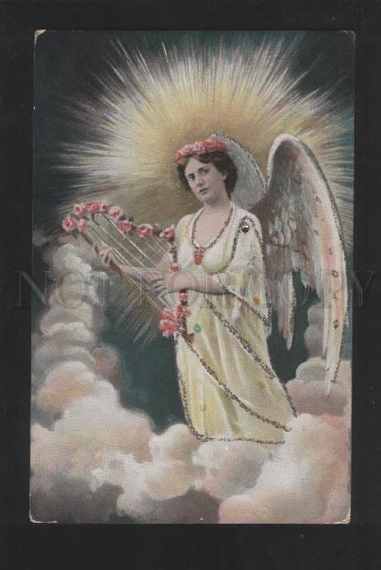 070091 Winged Lady as ANGEL w/ HARP vintage PC