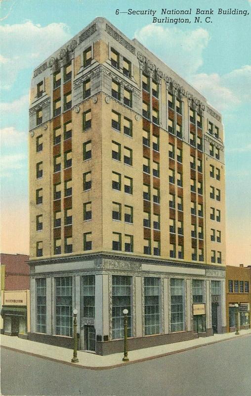 Early Linen Postcard; Security National Bank Building, Burlington NC