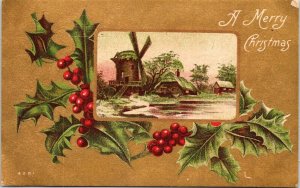 Windmill Cottages Holly Berries gold back Merry Christmas Postcard DB UNP