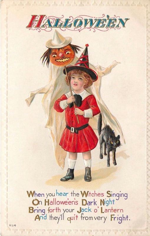 Halloween Poem On Embossed Postcard. Jack-O-Lantern. Black Cat. Child Witch