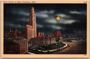 Columbus Ohio OH, Civic Center, Buildings, at Night, Full Moon, Vintage Postcard