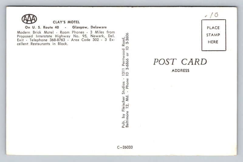 Clay's Motel   Glasgow Delaware    Postcard