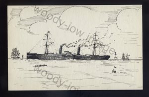 pen006 - Original Pen & Ink Postcard - US Paddle Liner - Vanderbilt , built 1857