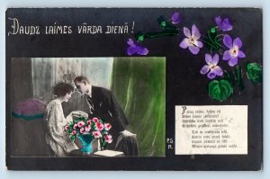 Latvia Postcard RPPC Photo Couple Romance With Flowers 1927 Vintage Posted