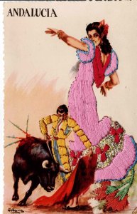 Spain Postcard Dancing Andalucia Golden Silk Embroidered Spain Bullfighting