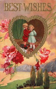 Best Wishes, Little Boy & Girl in Heart Flowers Greetings, Vintage Postcard