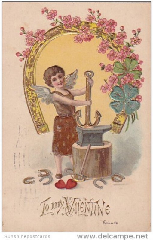 Valentine's Day Cupid With Gold Horseshoe and Anchor 1908 Signed Garnett