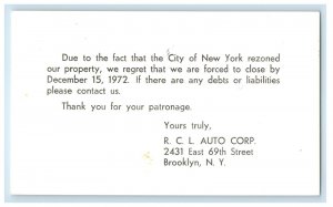 1972 R.C.L. Auto Corp Forced Close Letter Brooklyn New York City NY Postcard