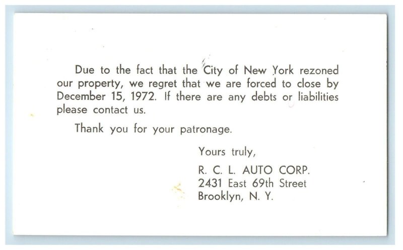 1972 R.C.L. Auto Corp Forced Close Letter Brooklyn New York City NY Postcard