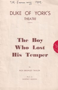 The Boy Who Lost His Temper Duke Of Yorks WW2 London Theatre Programme