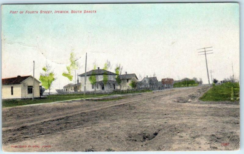 IPSWICH, South Dakota SD FOURTH STREET Scene Handcolored 1911 Postcard