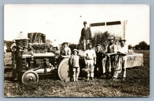 FARM SCENE TRACTOR w/ MINIATURE HAY CART ANTIQUE REAL PHOTO POSTCARD RPPC