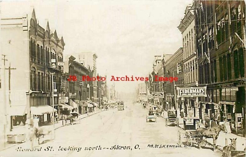 OH, Akron, Ohio, RPPC, Howard Street, Looking North, Commercial Center
