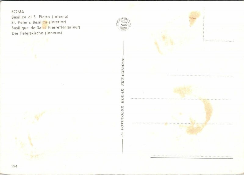 CONTINENTAL SIZE POSTCARD ST. PETER'S BASILICA (INTERIOR) ROMA