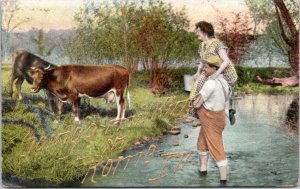 Postcard IL Rome - Going Milking - Man Carries Woman across creek to milk cows