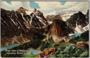 Three Lakes in the Clouds Laggan Alberta Canadian Rockies Postcard Textured H84