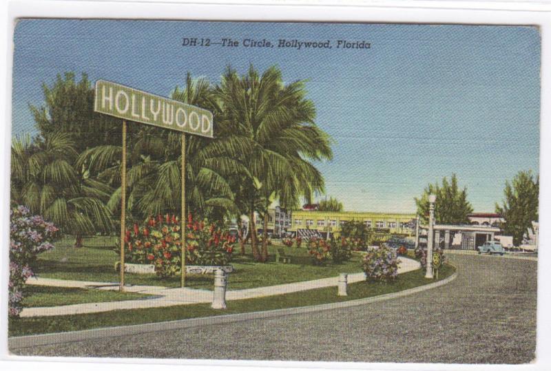 The Circle Sign Hollywood Florida 1945 linen postcard