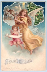1903 GERMANY FRÖHLICHE WEIHNACHTEN MERRY CHRISTMAS ANGELS TREE HARP POSTCARD