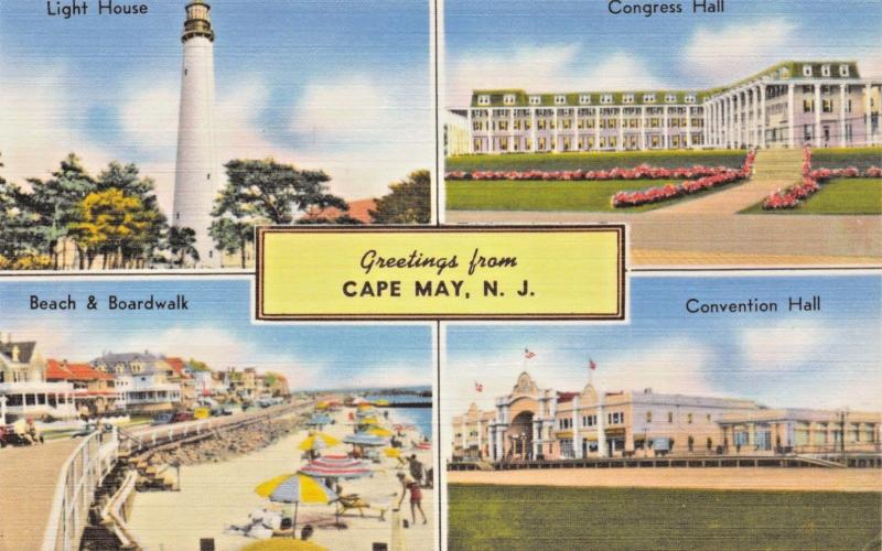 CAPE MAY NEW JERSEY~HOTEL-MULT IMAGE GREETINGS POSTCARD 1940s LIGHTHOUSE-BEACH