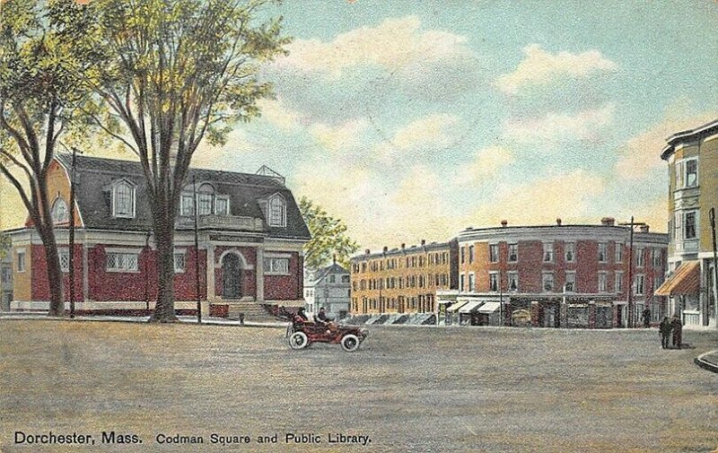 Dorchester MA Codman Square and Public Library Old Car Postcard