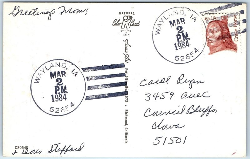 1984 Wayland, IA Post Office Cancel Postcard Town USPO Postal History A268