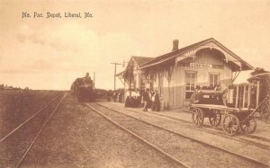 MISSOURI PACIFIC TRAIN DEPOT LIBERAL MISSOURI POSTCARD (c. 1910)
