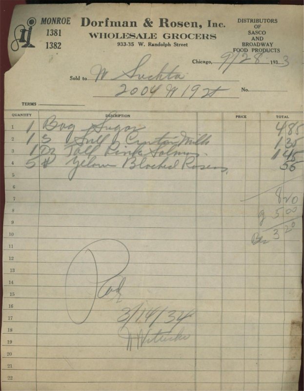 1933 CHICAGO ILLINOIS DORFMAN & ROSEN WHOLESALE GROCERS INVOICE 35-17