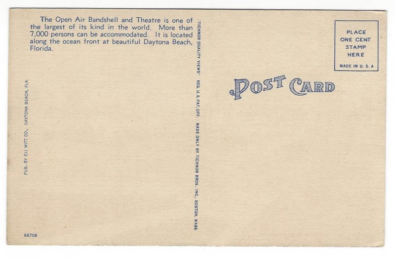 Bandshell, Ocean Front Park. Daytona Beach, Florida. Tichnor linen postcard