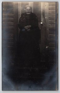 RPPC Very Old Woman Grandma on Steps Real Photo Halloween Prop Postcard G30