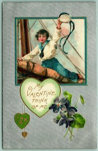 My Valentine Think of Me Sailor Blue Boy Foiled Embossed Unused DB Postcard H4