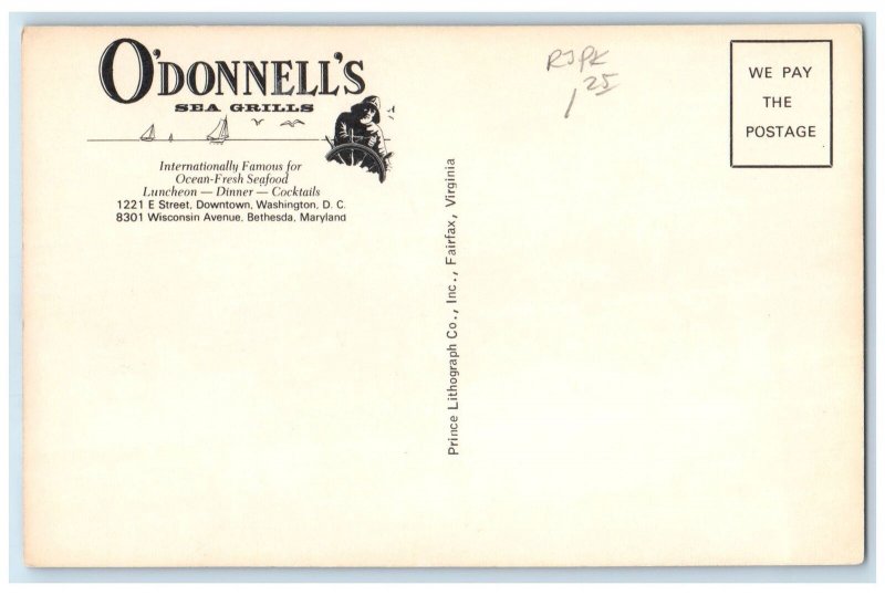 c1950's O'Donnell's Sea Grills Restaurant Dining Bethesda Maryland MD Postcard