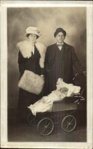 Mother Father Baby Pram Carriage Vintage Fashion c1910 Real Photo Postcard