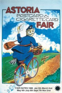 Astoria Postcard & Cigarette Card Fair Ad. by Fred Camp - bicycle postman owl