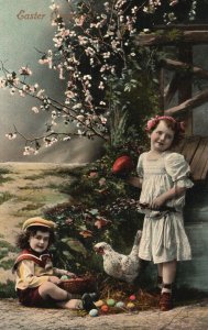 Vintage Postcard 1925 A Happy Easter Children Hunting Chicken Eggs Greetings