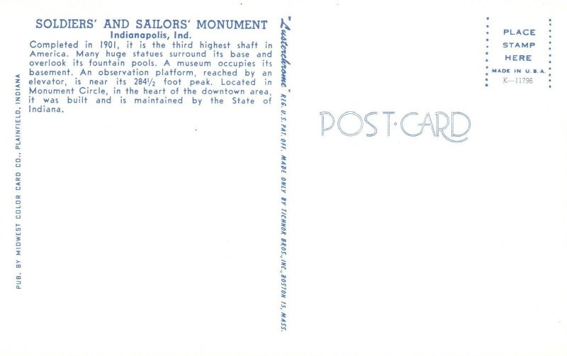 Vintage Postcard Soldiers & Sailors Monument Circle Indianapolis Ind.