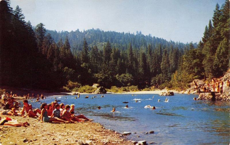 RICHARDSON GROVE STATE PARK CALIFORNIA RIVER SWIMMING HOLE BEACH POSTCARD 1960s