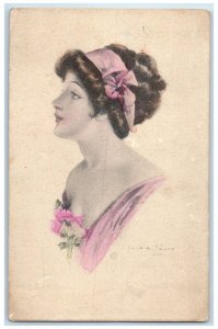 1913 Pretty Woman Curly Hair Flowers Archie Gunn Osage Iowa IA Posted Postcard