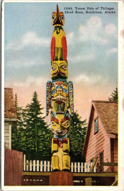 Totem Pole Thlinget Chief Kian Ketchikan Alaska AK WB Postcard UNP Unused HHT 