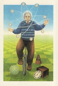 Einstein Juggling With Clocks Bicycle Painting Postcard