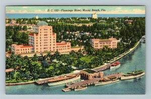 Miami, FL-Florida,  Aerial View Flamingo Hotel Boats Bay, Vintage Linen Postcard
