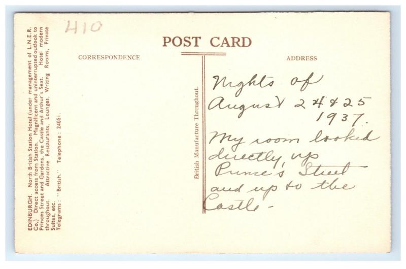 Postcard Edinburgh, North British Station Hotel, UK dated 1937 no stamp F8