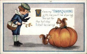 Whitney Thanksgiving Little Boy Squirrels Pumpkin Vintage Postcard